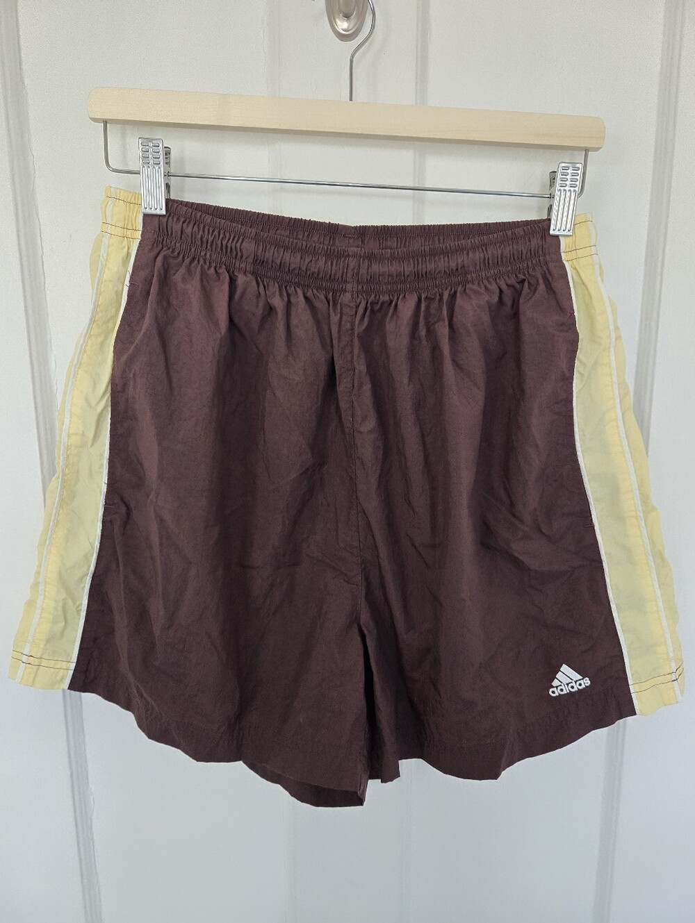 Adidas Women’s Vintage Y2K Nylon Track Shorts Size L Brown Butter Yellow Sporty